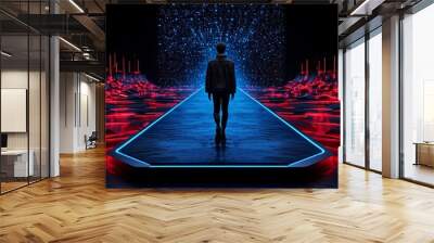 Futuristic modern fashion show stage with glowing catwalk and sleek digital elements, [fashion innovation], [modern runway] Wall mural